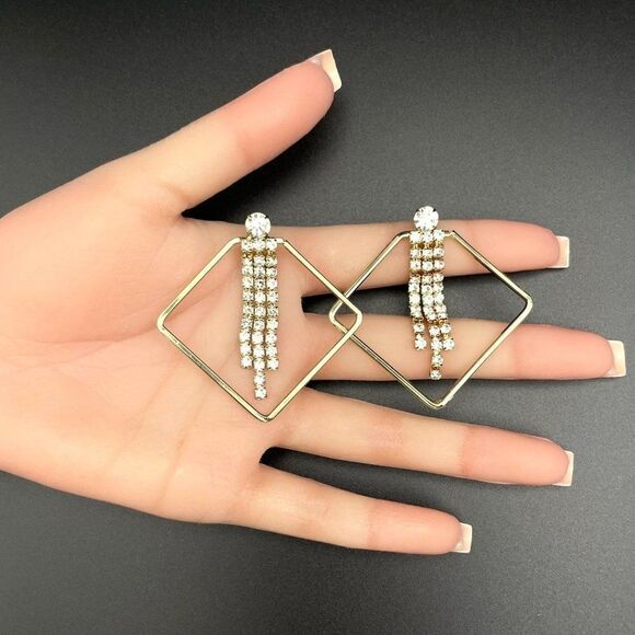 Yellow Gold Rhombus with White Diamond Crystal Dangling Tassel Post Earrings - Picture 9 of 9